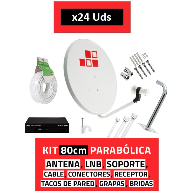 24U Kit Parabólica 80cm + LNB + Soporte + Cable + Receptor - DIESL.COM