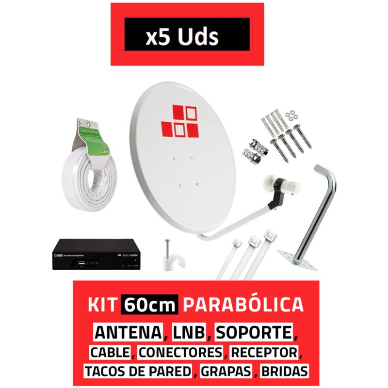 5U Kit Parabólica 60cm + LNB + Soporte + Cable + Receptor