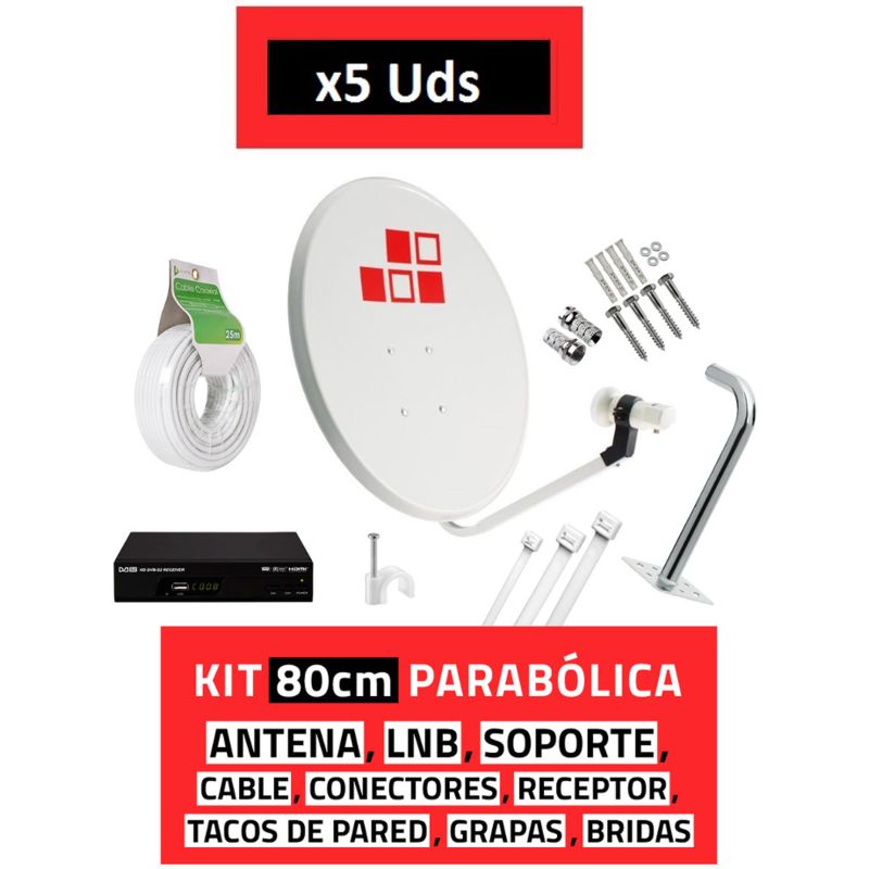 5U Kit Parabólica 80cm + LNB + Soporte + Cable + Receptor - DIESL.COM