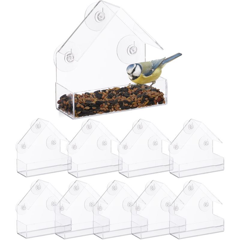 Set 10 Comederos Pájaros para Ventana con 3 Ventosas, Cristal Acrílico y PVC, Transparente, 15 x 15 x 7 cm